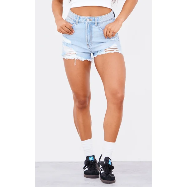 Light Blue Distressed High Rise Basic Denim Shorts