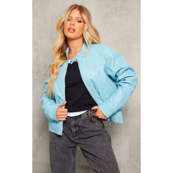 Light Blue Faux Leather Minimalist Racer Jacket