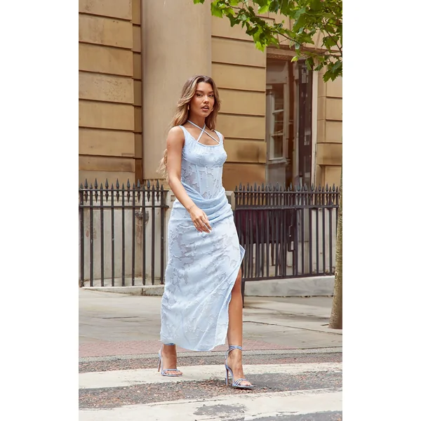 Light Blue Floral Flocked Corset Drape Detail Maxi Dress