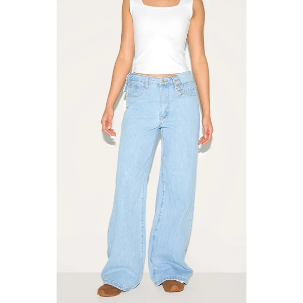 Light Blue Foldover Waist Detail Wide Leg Jean