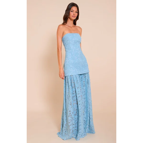 Light Blue Lace Sheer Skirt Panel Bandeau Midaxi Dress