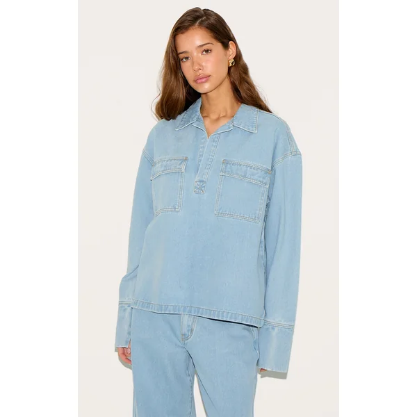 Light Blue Long Sleeve Slouchy Denim Rugby Shirt