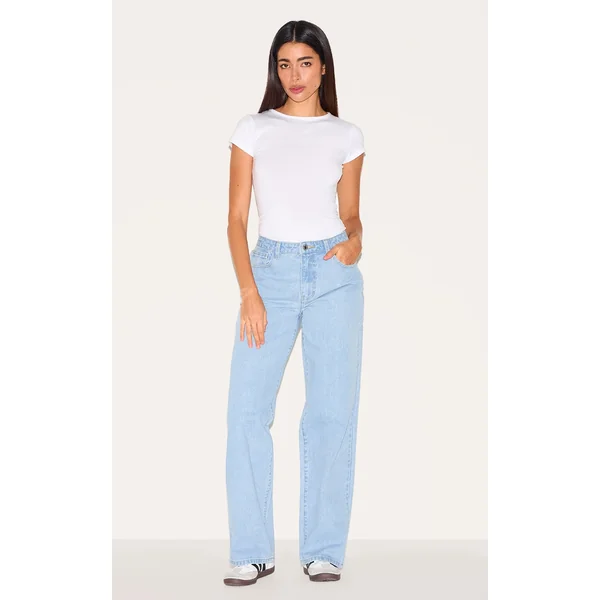 Light Blue Mid Rise Straight Leg Jeans