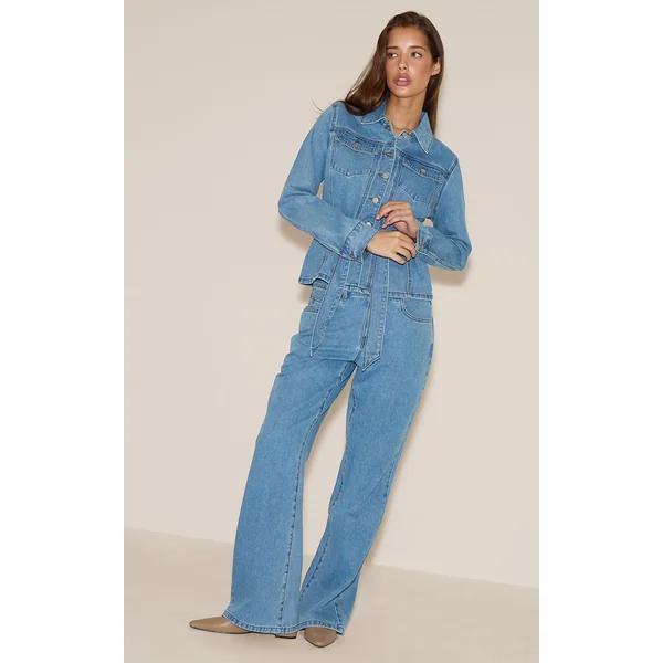 Light Blue Mid Waist Contrast Stitch Flared Jeans