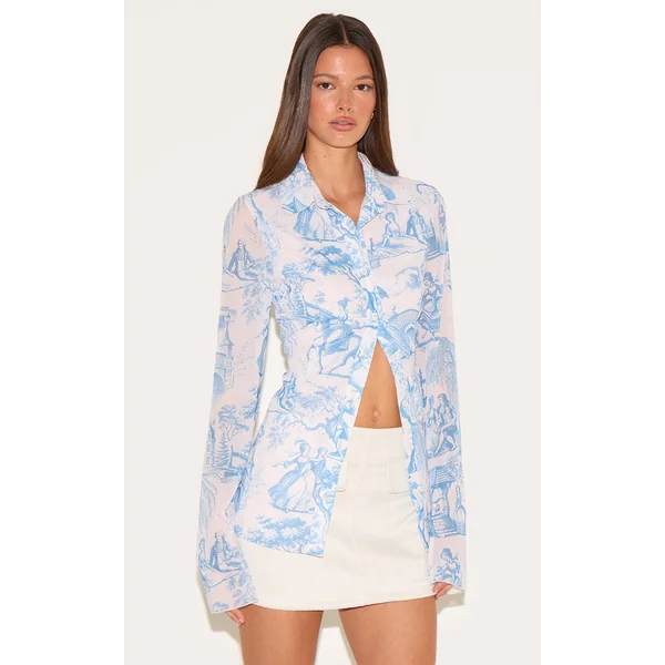 Light Blue Printed Fitted Chiffon Shirt