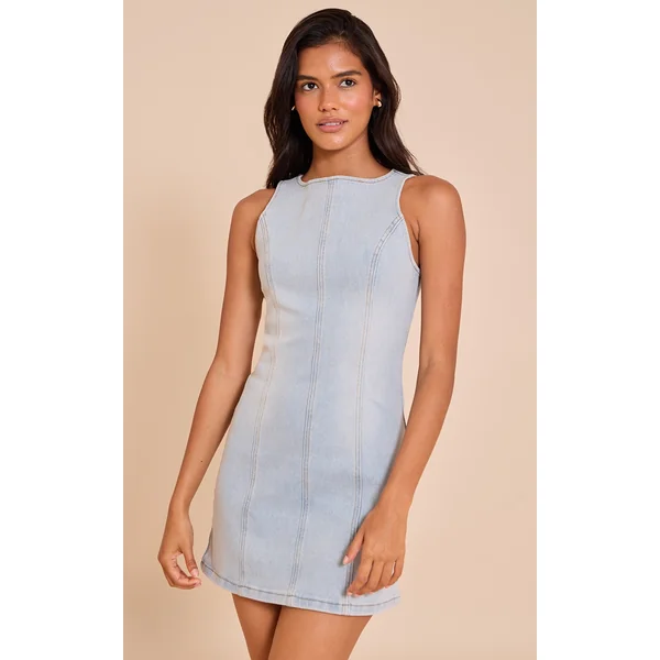 Light Blue Racer Neck Denim Mini Dress