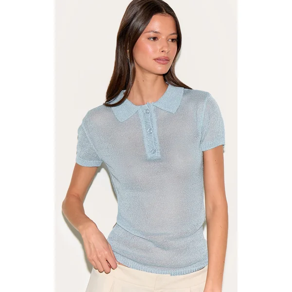 Light Blue Sheer Knit Polo Top