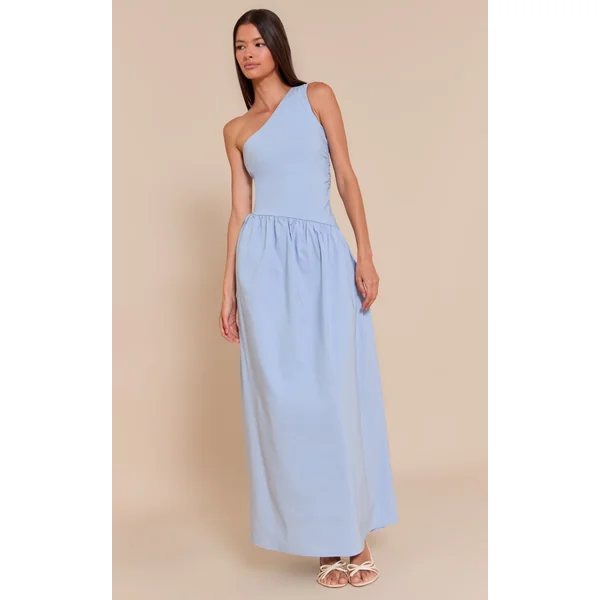 Light Blue Stretch Woven One Shoulder Maxi Dress