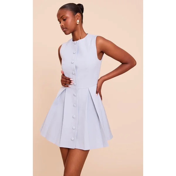 Light Blue Tailored Woven Button Down Pleated Shift Dress