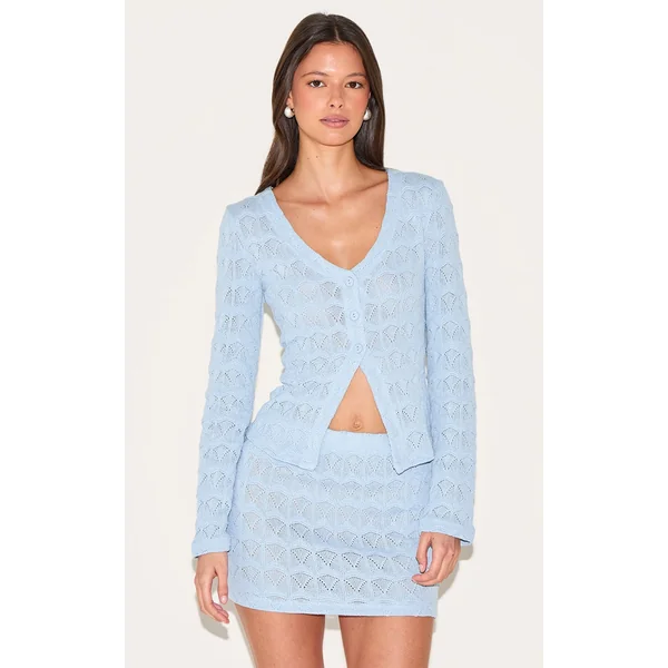 Light Blue Textured Button Up Long Sleeve Cardigan