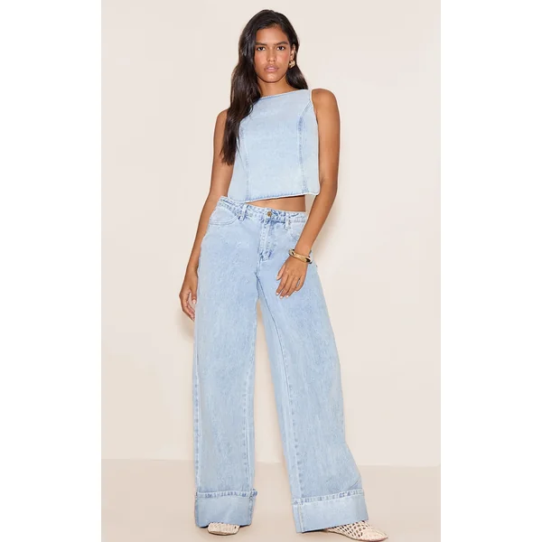 Light Blue Turn Up Hem Wide Leg Jean