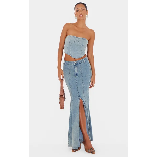 Light Blue Vintage Wash Seam Detail Split Maxi Skirt