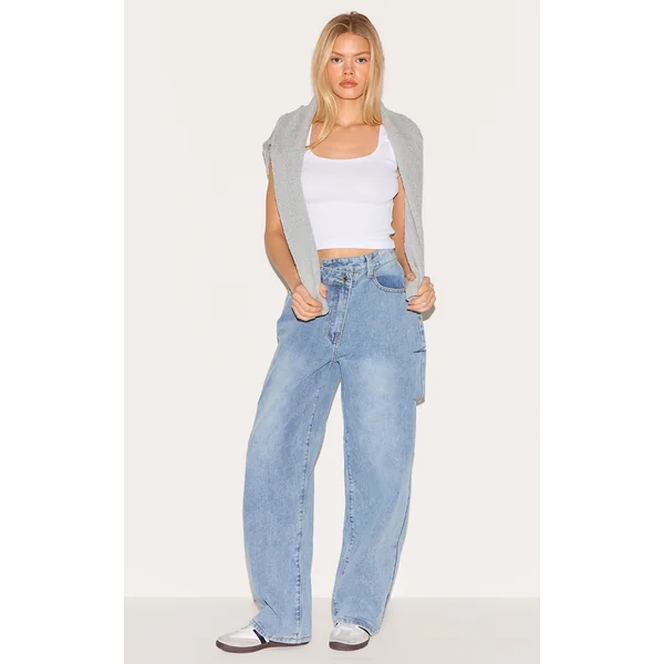 Light Blue Wash Asymmetric Waistband Baggy Low Rise Thigh Split Boyfriend Jeans