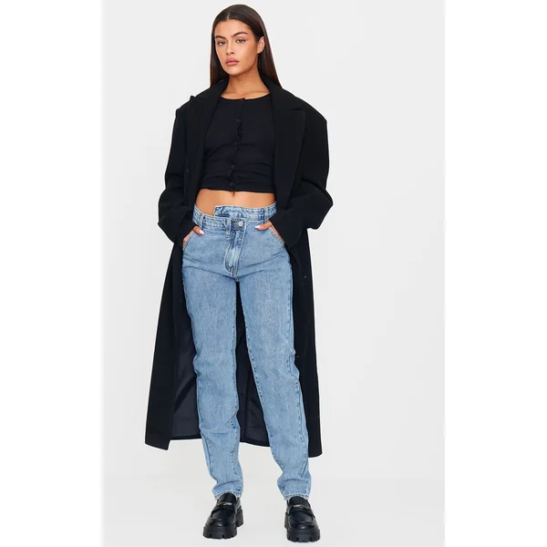 Light Blue Wash Asymmetric Waistband Long Straight Leg Jeans