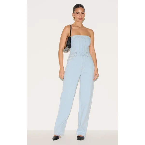 Light Blue Wash Bandeau Denim Jumpsuit