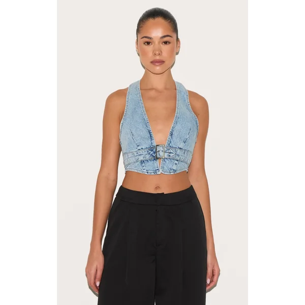 Light Blue Wash Buckle Front Denim Halterneck Top