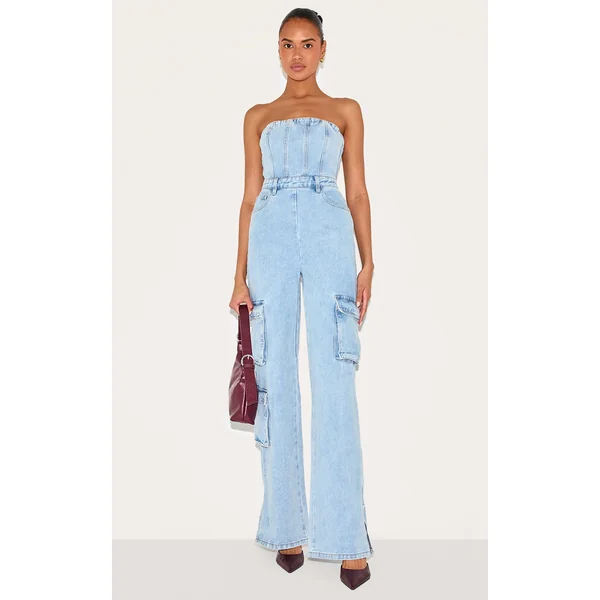 Light Blue Wash Cargo Pocket Bandeau Denim Jumpsuit