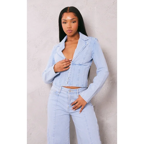 Light Blue Wash Corset Detail Cropped Denim Jacket