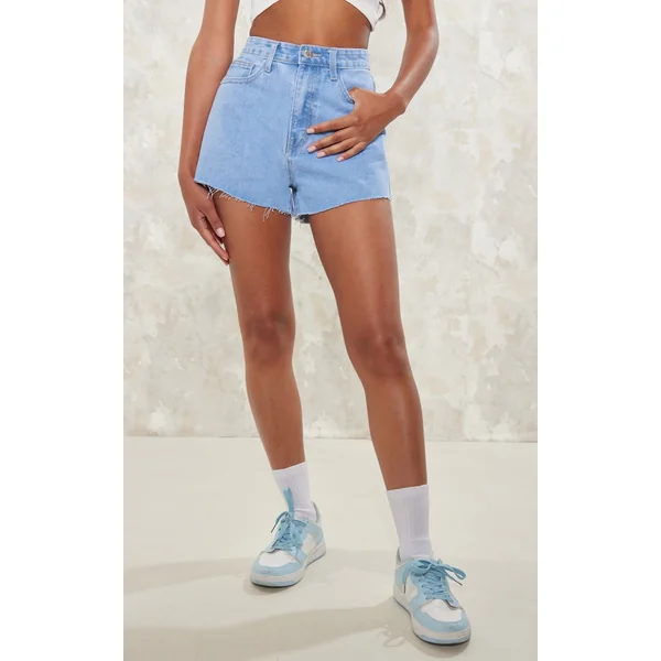 Light Blue Wash Denim Raw Hem Hot Pants