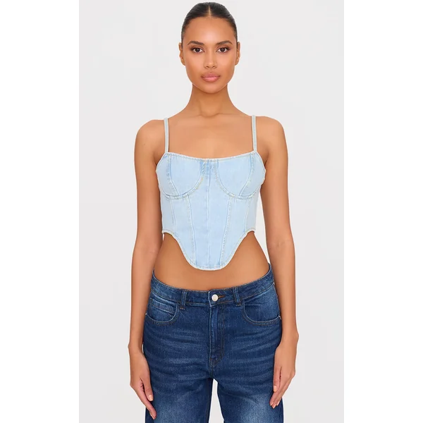 Light Blue Wash Dipped Hem Denim Corset