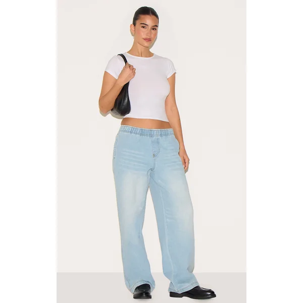 Light Blue Wash Elasticated Waistband Wide Leg Jeans