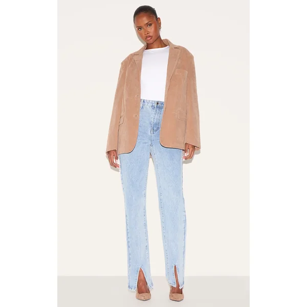 Light Blue Wash Front Split Long Leg Straight Jeans