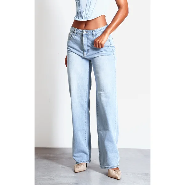 Light Blue Wash Mid Rise Straight Leg Jeans