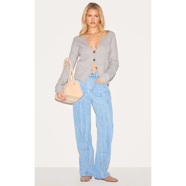 Light Blue Wash Panelled Seam Detail Straight Leg Jeans