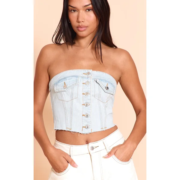 Light Blue Wash Pocket Detail Cropped Denim Corset Top