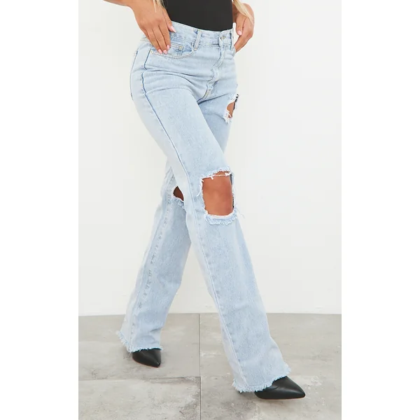 Light Blue Wash Ripped High Waist Straight Leg Jeans