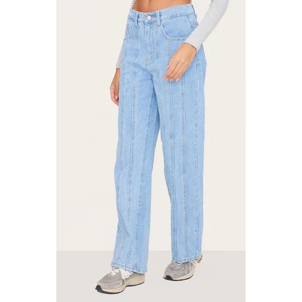Light Blue Wash Seam Detail Straight Leg Jean