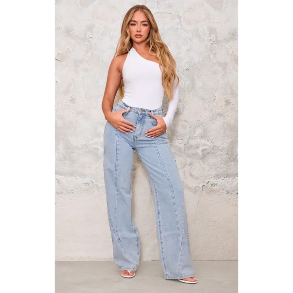 Light Blue Washed Front Seam Detail Wide Leg Jeans