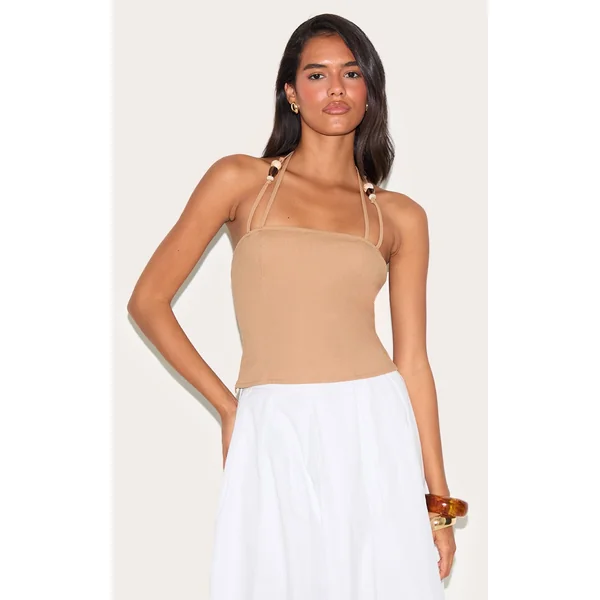 Light Brown Beaded Halterneck Long Top