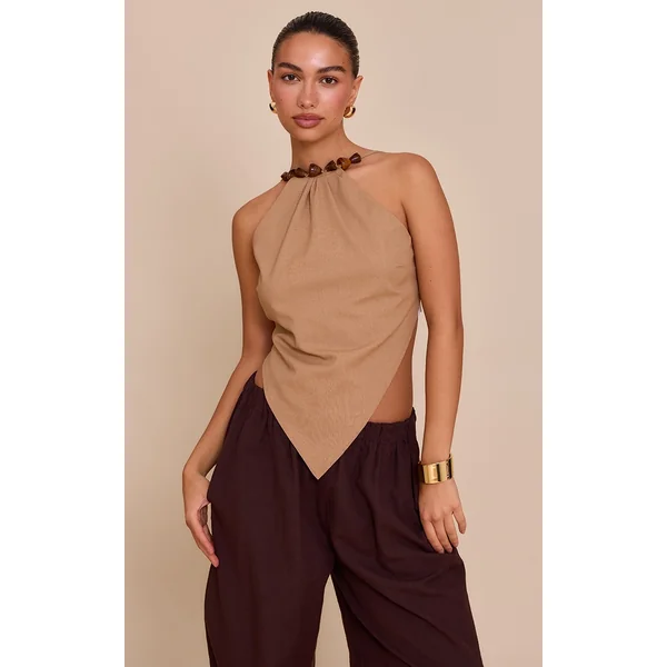 Light Brown Beaded Pointed Hem Long Top