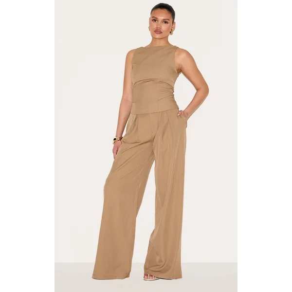 Light Brown Racer Neck Detail Top