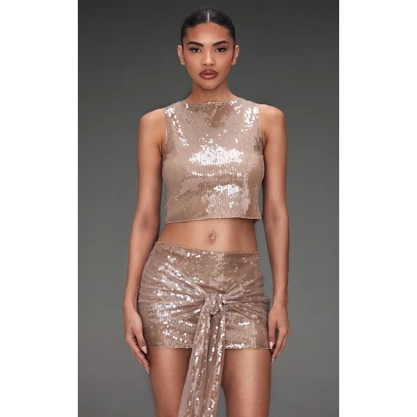 Light Brown Sequin Boatneck Crop Top