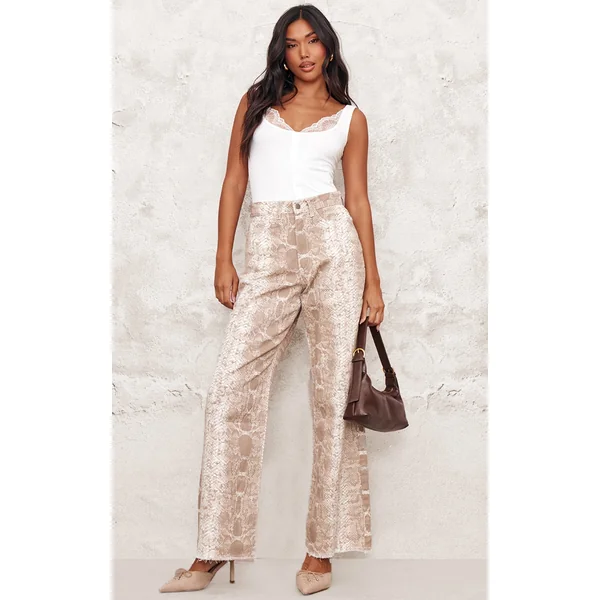 Light Brown Snake Print Wide Leg Jeans
