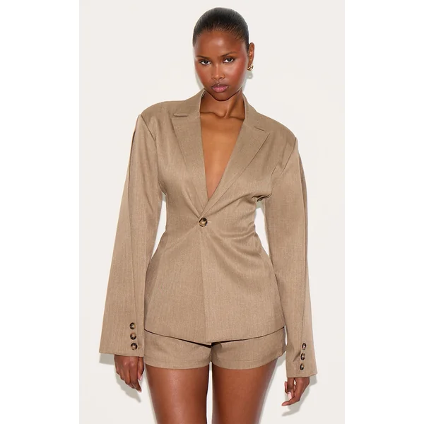 Light Brown Tailored Woven Cinch Waist Blazer