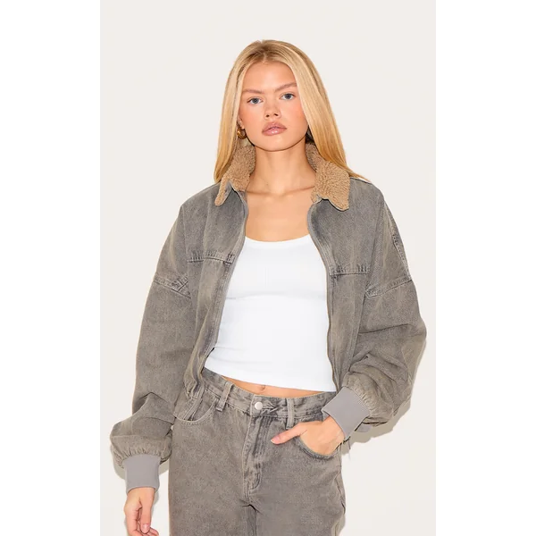 Light Grey Borg Collar Denim Bomber Jacket