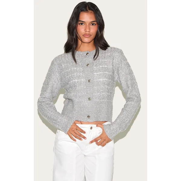 Light Grey Boucle Knit Button Through Cardigan