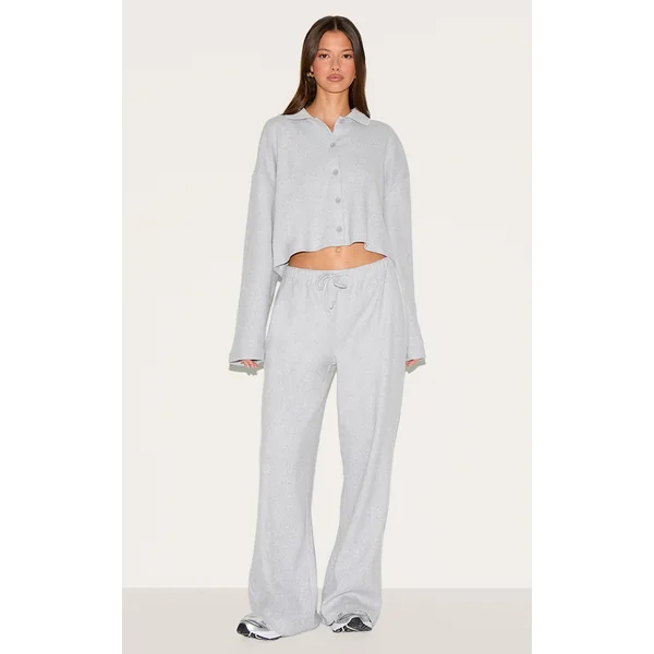 Light Grey Brushed Rib Drawstring Wide Leg Pants