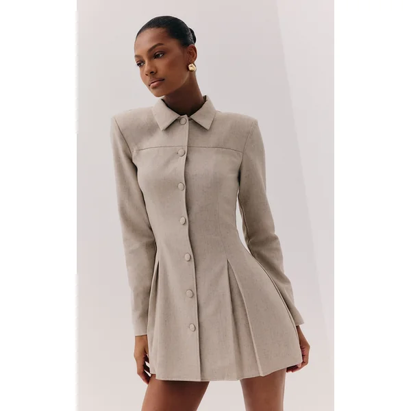 Light Grey Button Up Pleated Hem Shirt Dress