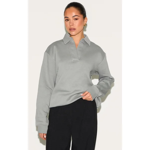 Light Grey Collar Detail Long Sleeve Sweatshirt