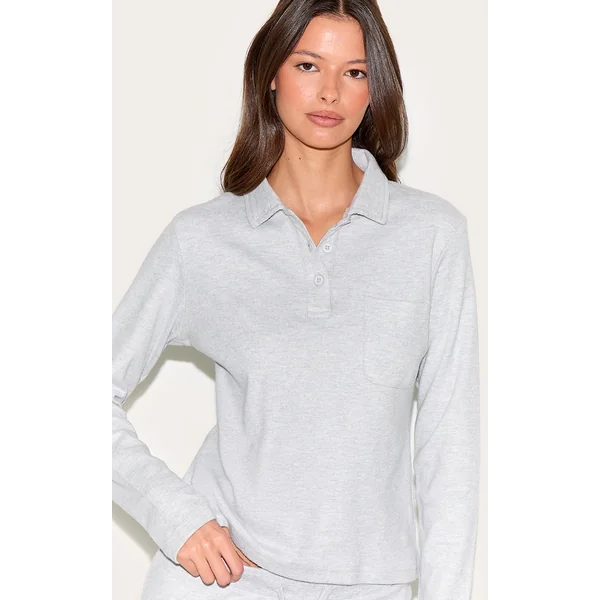 Light Grey Long Sleeved Super Soft V Neck Button Up Top