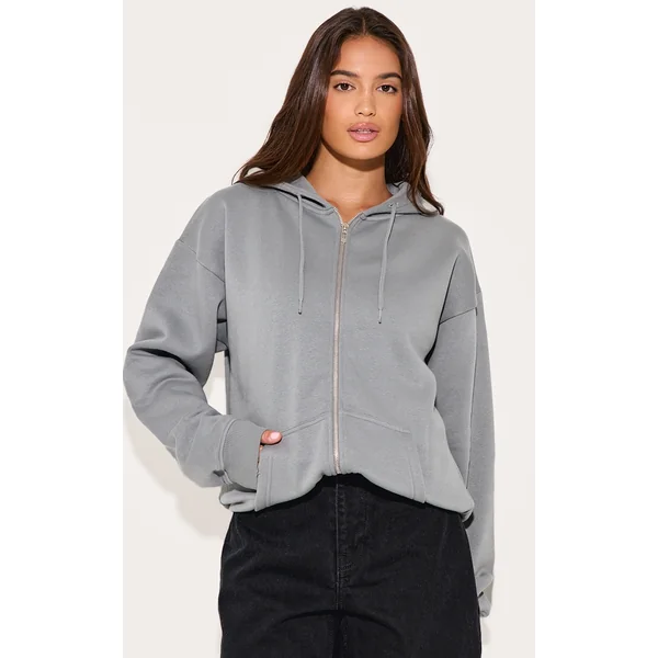 Light Grey Oversized Zip Up Plain Front Hoodie