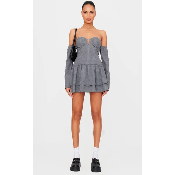 Light Grey Pinstripe Cup Detail Bardot Shift Dress