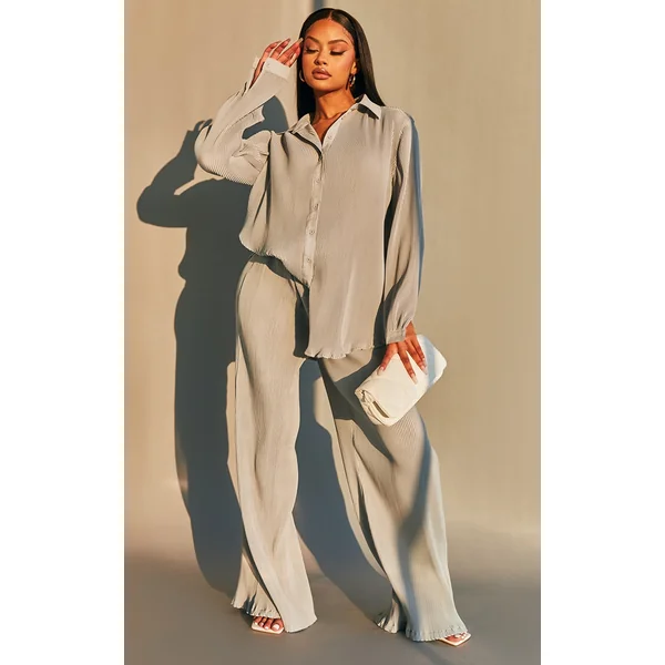 Light Grey Plisse High Waisted Wide Leg Pants