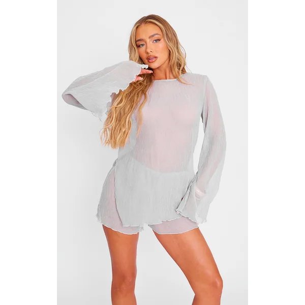 Light Grey Sheer Textured Longline Top