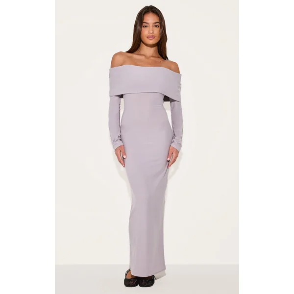Light Grey Soft Touch Bardot Long Sleeve Maxi Dress