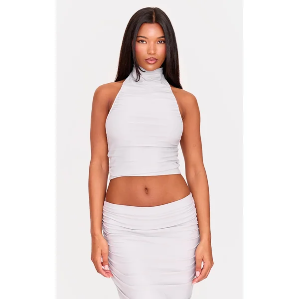 Light Grey Soft Touch Ruched Halter Crop Top